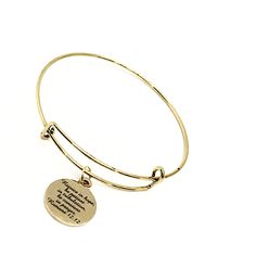 "This bracelet has a gold-plated stainless steel engraved charm that has \"Rejoice in hope, be patient in tribulation, be constant in prayer\" from Romans 12:12 on it. The bracelet expands to easily fit any hand and wrist size. This item contains small pieces and is not intended for children under the age of 14. To see the latest items and specials, follow me on Facebook, Instagram, and Pinterest. Facebook - https://www.facebook.com/JKCEDesigns Instagram - @jkcedesigns - www.instagram.com/JKCEde Adjustable Gold-tone Charm Bracelet Gift, Adjustable Yellow Gold Nickel-free Bracelet, Gold Hypoallergenic Charm Bracelet For Friendship, Hypoallergenic Meaningful Gold Jewelry, Gold Hypoallergenic Meaningful Jewelry, Hypoallergenic Gold Charm Bracelet For Friendship, Hypoallergenic Gold Meaningful Jewelry, Adjustable Hypoallergenic Gold Metal Bracelet, Inspirational Jewelry For Friendship