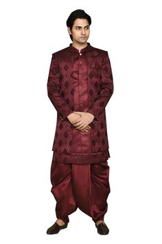 Maroon sherwani featuring feather pattern all over. Paired with a sleeveless, feather detailed hem inner kurta and a coordinating dhoti. - Aza Fashions Formal Sets With Resham Embroidery For Navratri, Formal Saree Set For Navratri, Formal Zari Work Sets For Navratri, Traditional Fitted Bandhgala For Puja, Formal Sets With Dupatta For Navratri, Traditional Sherwani With Zari Weaving For Ceremonies, Traditional Ceremonial Sherwani With Zari Weaving, Semi-stitched Art Silk Sherwani For Puja, Traditional Salwar Kameez For Navratri And Formal Occasions