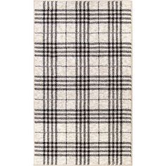 a black and white rug with a checkered pattern on the front, in an off - white background