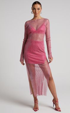 Karmen Midi Dress - Long Sleeve Split Diamante Mesh Dress in Pink | Showpo USA Fitted Backless Bodycon Dress With Side Slits, Backless Bodycon Dress With Side Slits, Fitted Bodycon Dress With Side Slits And Backless Design, Sheer Back Stretch Maxi Dress For Party, High Neck Bodycon Maxi Dress For Party, Stretch Maxi Dress With Sheer Back For Party, Fitted Bodycon Dress With Split Design For Night Out, Stretch Split Design Bodycon Evening Dress, Stretch Bodycon Dress With Split Design For Evening