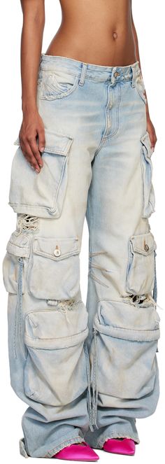 Non-stretch denim cargo-style jeans. Distressing and fading throughout. · Belt loops · Five-pocket styling · Zip-fly · Cargo pocket at front and outseams · Adjustable press-stud tab at cuffs · Darts at inseams · Logo embroidered at back · Logo-engraved antiqued silver-tone hardware Supplier color: Light blue denim Outfit Pieces, Blue Fern, Denim Cargo, The Attico, Scene Design, Cargo Style, Style Jeans, Cargo Pocket, Light Blue Denim