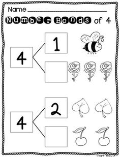 the number bonds of 4 worksheet for children to practice counting and matching numbers