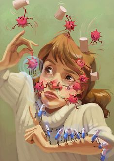 a painting of a girl with her hands in the air and pink bugs on her face