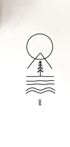 a black and white drawing of a tree in the middle of water with mountains behind it