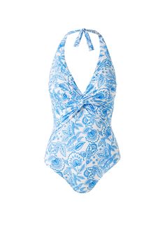 a blue and white floral print swimsuit with a halter top on the back