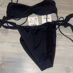 Nwt Black Bikini Set Top Small Bottom Xlarge Final Sale Chic Zara Swimwear, Zara Stretch Swimwear For Party, Black Bandeau Swimwear For Swimming, Chic Black Tie-side Swimwear Bottom, Chic Black Tie-side Bottom Swimwear, Chic Black Tie-side Swimwear, Zara Stretch Swimwear For Pool, Black Summer Swimwear For Night Out, Chic Zara Swimwear For Vacation