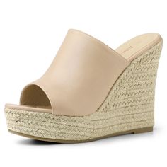 An espadrille wedge adds leg-lengthening height to chic platform mules. Wear yours with everything from dresses to denim.Platform Mules.Espadrille Platform.Open Toe.Vamp: PU; Outsole: TPR; Heel: PVC. Size: 8.5. Color: nude. Gender: female. Age Group: adult. Pattern: Solid. Beach Season Espadrille Platform Wedge Sandals, Beach Platform Heels Made Of Espadrille, Beige Synthetic Wedge Heel Platform Slippers, Beige Synthetic Platform Slippers With Wedge Heel, Beige Slip-on Wedge Sandals, Spring Beige Platform Slippers, Beige Platform Espadrille Sandals, Beige Platform Espadrille-style Sandals, Beige Platform Sandals With Espadrille Material