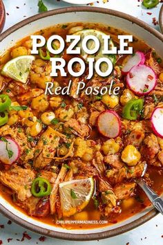 a bowl of pozole rojo with meat, potatoes and radishes