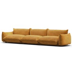 a yellow couch with four pillows on the back and one arm folded out to show it's shape