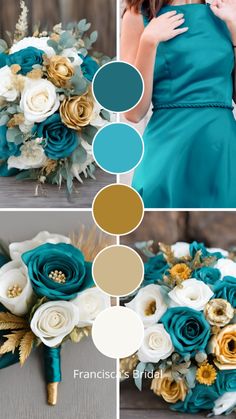 a collage of photos with different colors and flowers on the bottom, in gold, teal, and white