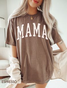 Comfort Colors® Retro Mama Shirt, Gift For New Mom Gift, Cute Mama T-Shirt, Oversized Tee, Mothers Day Gift For Mom, Mother's Day Shirt, Varsity Tshirt  SIZING  ❥ Modern unisex fit. Runs true to size. ❥ Please refer to size chart before ordering. If possible, measure your favorite t-shirt armpit to armpit and top to bottom and compare it with the size chart provided to ensure an accurate fit. ❥ Sleeves are rolled up in some product pictures, they will not come rolled up on delivery.  DELIVERY TI Oversized Brown T-shirt With Letter Print, Oversized Brown Tops With Letter Print, Brown Relaxed Fit Tops With Letter Print, Casual Oversized Tops For Mother's Day, Everyday Brown Letter Print Tops, Short Sleeve Tops With Lettering For Mother's Day, Relaxed Fit Tops With Lettering For Mother's Day, Mother's Day Letter Print T-shirt, Everyday Crew Neck Tops With Lettering