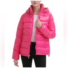 New Guess High-Shine Hooded Puffer Coat Color Hot Pink Size Large Ski Apres, Blue Suede Jacket, Women's Puffer Coats, Pink Puffer Jacket, Trim Jacket, Pink Coat, Wool Blend Coat, Coat Design, Zipper Jacket