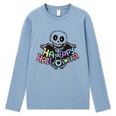 100% Cotton Imported Machine Wash MATERIAL: Fashionable women's spring and autumn T-shirts are made of cotton, which is soft, next to the skin, and comfortable. We suggest customer order 1~2 sizes up for a loose fit. FEATURES: Classic round neck, long sleeves, a scary skeleton, and letter prints, bring the perfect Halloween atmosphere, loose fit, basic, casual, and versatile T-shirts, Harajuku T-shirt tops. OCCASION: Teen Y2K aesthetic T-shirts are suitable for everyday, party, Halloween dress-u Blue Long Sleeve T-shirt With Funny Print, Halloween Blue Tops With Letter Print, Blue Halloween Tops With Letter Print, Blue Halloween Top With Letter Print, Blue Letter Print Top For Halloween, Blue Halloween Letter Print Tops, Blue T-shirt For Fall Streetwear, Blue Grunge Top For Fall, Fall Skull Print Cotton T-shirt