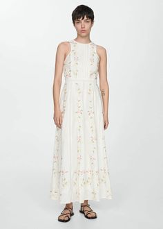 Embroidered cotton dress -  Women | Mango USA Mango Garden, Mango Outlet, Embroidered Fabric, Wide Straps, Cotton Dress, Cotton Dresses, Day Dresses, Jumpsuit Dress, Long Dress