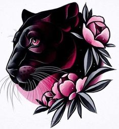 a black panther with pink flowers on it's head