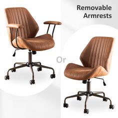 an office chair is shown in two different views, one with wheels and the other without