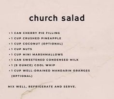 a menu listing the different types of food available for church salads and other meals