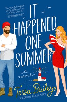 the cover of it happened one summer by tesa bailey, featuring a man and woman standing next to each other