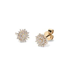 These 14-karat yellow gold earrings feature a cluster of natural diamonds in a beautiful floral shape. From day to night  these dazzling earrings go with any look. Simple Diamond Earrings Kameswari Jewellers, Luxury Yellow Gold Cluster Earrings Vvs Clarity, Timeless Luxury Cluster Earrings With Diamond Accents, Luxury Diamond Cluster Earrings In Flower Shape, Luxury Yellow Gold Cluster Earrings With Halo Design, Luxury Yellow Gold Halo Cluster Earrings, Elegant Brilliant Cut Diamond Earrings In Flower Shape, Elegant Diamond Earrings With Brilliant Cut In Flower Shape, Elegant Flower Shaped Diamond Earrings With Brilliant Cut