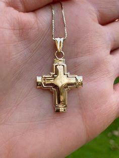 14k Gold Double Sided Cross Pendant.  Material: 14k Gold. Length: 1.25 inches from the top of the bail to the bottom. Width: About .80 inches. Weight: approximately 4 grams. Comes in a nice box. *Chain is sold separately and is available at check out. Chains are solid 14k and weigh 2-3 grams depending on length chosen.* 14k Yellow Gold Crucifix Jewelry, 14k Gold Crucifix Jewelry, 14k Gold Crucifix Hallmarked Jewelry, 14k Gold Hallmarked Crucifix Jewelry, 14k Gold Cross Jewelry With Polished Finish, Polished 14k Gold Cross Jewelry, Polished Yellow Gold Cross Jewelry, 14k Yellow Gold Cross Jewelry, 14k Gold Stamped Crucifix Jewelry For Anniversary