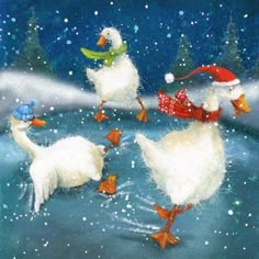 three ducks are walking in the snow with hats and scarves on their heads, while one duck is wearing a santa's hat