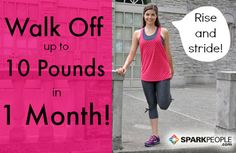 a woman standing in front of a pink sign with the words walk off 10 pound in 1 month