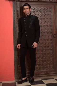 Black full sleeves bandhgala with Cosmo ray embroidery. Paired with a trouser. - Aza Fashions Designer Tailored Kurta For Festive Occasions, Designer Formal Bandhgala With Mirror Work, Designer Bandhgala With Mirror Work For Formal Events, Designer Bandhgala With Mirror Work For Formal Occasions, Designer Mirror Work Bandhgala For Formal Occasions, Traditional Tailored Bandhgala With Resham Embroidery, Formal Bandhgala With Mirror Work For Eid, Tailored Nehru Jacket For Festive Designer Wear, Designer Tailored Bandhgala For Eid