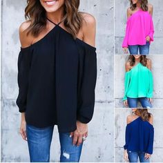 2017+Spring+Summer+Casual+Long+Sleeve+Sexy+Halter+O-Neck+Off+Shoulder+Chiffon+Women+Blouse+for+Great+for+Club+Parties+and+Gatherings. Color:++Black,+White,+Green,+Navy,+Rose Size+(cm): +++++++Sleeve+++++++Bust+++++++Length S+++++++43+++++++++++++90++++++++++++47 M+++++++44++++++++++++9... Ladies Shirts Casual, Outfit Elegantes, Women Chiffon Blouse, Off Shoulder Shirt, Black Plain, Casual Long Sleeve Shirts, Women Halter, Shoulder Tops, Chiffon Long Sleeve