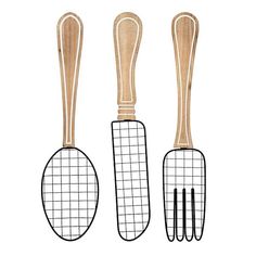 three wooden utensils with wire handles on each side, one is white and the other is black