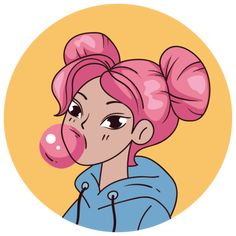 a cartoon girl with pink hair blowing bubbles