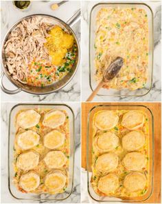 four images showing the steps to make chicken pot pie casserole in different stages