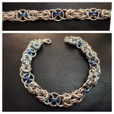 Handmade Byzantine Chainmail Bracelet Material Aluminum Style Byzantine And Helm Weave Type Bracelet Color Silver, Gray And Blue Size 7.5 Inch (If You Need A Different Size Message Me) How To Make Chainmail, Chainmail Byzantine, Chain Maille Patterns, Chainmail Patterns, Chainmail Bracelet, Horse Bracelet, Chainmail Jewelry, Metal Smithing, Blue Topaz Bracelet