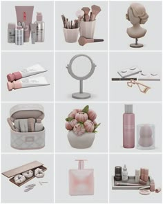 a collage of different types of cosmetics and beauty products in pink, white and grey colors