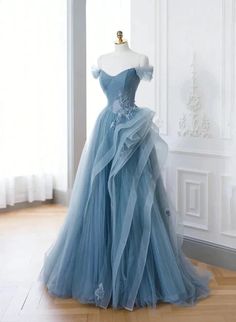 A-line blue sheer paired with lace off shoulder ball dress, blue sheer long evening gown Blue Tulle Prom Dress, Gaun Abad Pertengahan, Long Formal Dress, Blue Party Dress, Floor Length Prom Dresses, Blue Dress Formal, Evening Dresses With Sleeves, Blue Tulle, فستان سهرة