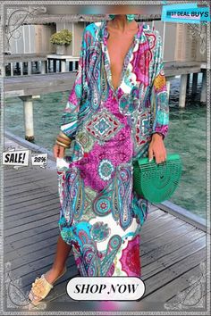 Printed Pullover Long Sleeve V-neck Swing Loose Long Dress Long Sleeve V-neck Dress For Summer Vacation, Casual Printed V-neck Maxi Dress, Casual Multicolor V-neck Dress For Vacation, Casual Multicolor V-neck Long Sleeve Dress, Casual Green V-neck Dress For Fall, Casual Multicolor V-neck Dress For Beach, Casual V-neck Dress For Beach Season, Printed V-neck Maxi Dress For Day Out, Green Long Sleeve V-neck Dress For Fall