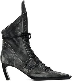 Handcrafted ankle-high buffed leather boots in black. · Distressing and fading throughout · Pointed square toe · Lace-up closure · Pin-buckle strap at vamp · Extended tongue · Zip closure at inner side · Logo embossed at molded leather footbed · Grained leather lining · Curved heel with rubber injection · Leather sole · Heel: H2.75 in Supplier color: Moto black Edgy Square Toe Heeled Boots, Gothic Leather Lace-up Boots With Pointed Toe, Edgy Leather Lace-up Boots With Pointed Toe, Gothic Leather Lace-up Heeled Boots, Gothic Lace-up Leather Heeled Boots, Edgy Leather Boots With Square Toe, Leather Boots, Apparel Accessories, Ankle Boots