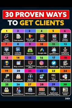 30 Proven Ways to Get Clients#clientacquisition #provenstrategies #businessgrowth #marketingtips #clientretention #leadgeneration #digitalmarketing #smallbusinesssuccess #entrepreneurmindset #salesstrategies #customeracquisition #growthhacking #socialmediamarketing #brandawareness #businessdevelopment Discover top marketing strategies, tips, and insights to help you grow your business and boost your brand awareness. From digital marketing to traditional methods, this board has it all.