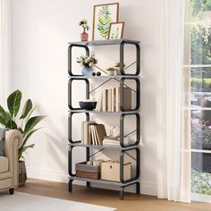 a living room with a book shelf filled with books