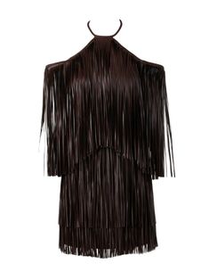 brown faux leather fringe detailing halterneck lobster claw fastening cold-shoulder design straight hem above-knee length Cute Dress Outfits, Brown Outfit, Daytime Dresses, Fringe Dress, Leather Fringe, Leather Dress, Night Outfits, Sheer Lace, Festival Outfits