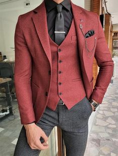 This unique suit is designed with high quality wool material that guarantees durability and comfort. It is suitable for all kinds of occasion and it can be worn all year round. It comes in 3 pieces (Jacket + Vest + pant), the jacket can also be worn with any pant/jeans. For custom orders, Please feel free to start a  conversation for further enquires. Your satisfaction is our priority  I hope you have a pleasurable shopping experience Winter Business Suits With Long Sleeves, Winter Outerwear With Suit Collar For Business Meetings, Formal Winter Single Breasted Set, Business Sets With Long Sleeves For Winter, Winter Business Sets With Suit Collar, Tailored Office Sets For Winter, Formal Fall Sets With Pockets, Winter Wool Three-piece Suit For Office, Fall Formal Sets With Pockets