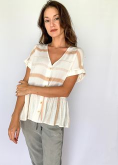 The Tiny Details Khaki Striped Button Down Short Sleeve Top V-neck Beach Top With Button Closure, Summer V-neck Tops With Buttons, V-neck Tops With Button Closure For Day Out, V-neck Top With Buttons For Day Out, Summer Vacation V-neck Short Sleeve Top, Beige Short Sleeve Blouse With Button Closure, Beige Blouse With Button Closure And Short Sleeves, Beach V-neck Tops With Buttons, Beige Buttoned Tops For Vacation