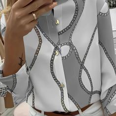 variants13 Elegant Long Sleeve Tops With Geometric Pattern, Elegant Long Sleeve Top With Geometric Pattern, White Blouse With Geometric Pattern For Spring, Geometric Pattern Blouse For Workwear, Stand Collar Blouse, Fall Care, Boho Fabric, Collar Blouse, Print Blouse