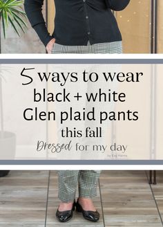 Black And White Work Pants Outfit, What To Wear With Black And White Plaid Pants, Black And White Check Pants Outfit, Women’s Plaid Pants Outfit, Black Windowpane Pants Outfit, Gray Sweater Black Pants Outfit, Black Pinstripe Pants Outfit For Work, What To Wear With Houndstooth Pants, Black And White Houndstooth Pants Outfit