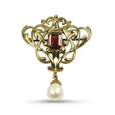 PAGE Estate Necklaces and Pendants Estate 14k Yellow Gold Garnet & Pearl Brooch/Pendant Garnet And Pearl, Leaves Design, Rhodolite Garnet, Pearl Brooch, Metal Pins, Leaf Design, Jewelry Inspiration, Freshwater Pearls, Garnet