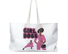 a white tote bag with the words girl boss and two women in pink outfits