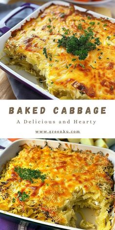 baked cabbage casserole in a white dish on a wooden table