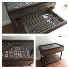 an old wooden table with buttons and patches on the top is shown in three different views