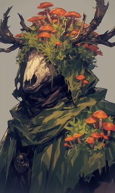 an illustration of a man with antlers on his head and plants growing out of his face