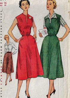 Misses One-Piece Dress, Jumper, Blouse and Skirt: Sleeveless jumper or dress has soft pleats at front bodice waistline, flared skirt has notched pockets and top stitching trim edges. Blouse collar and bodice are cut in one. Short sleeves are cuffed. Long sleeves have pointed wristbands. Skirt is finished with waistband. Pattern printed in 1953 by Simplicity, and has been partially cut out, and is complete. Envelope is worn. This is an original sewing pattern with all of the original pattern piec Sleeveless Pleated Skirt Dress For Daywear, Daywear Dresses With Pleated Skirt, Pleated Skirt Dress For Daywear, 50s Skirt Pattern, 1930s Dress Pattern, 60s Vintage Fashion, Sewing Patterns Skirt, 1950s Vintage Fashion, Blouse Collar