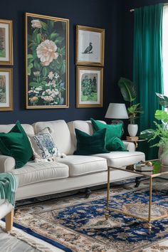 a living room with blue walls and green curtains on the windowsill, white couches, gold coffee table, and rug